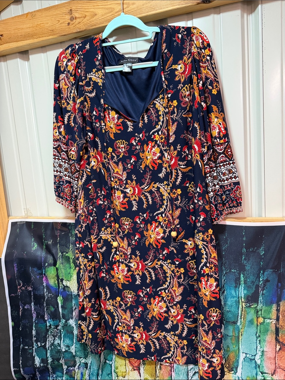 Jessica Howard Navy Floral Long Sleeve V-Neck Dress with Red & Mustard Accents